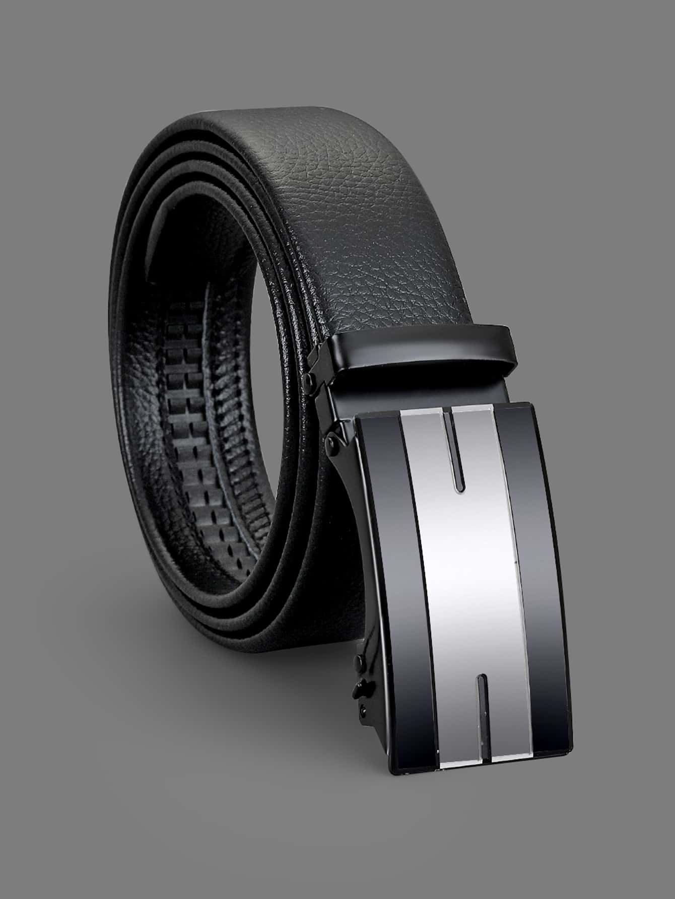 Cinturón de trabajo con hebilla automática y relieve de piel de lichi para hombre - Negro - Ver 1