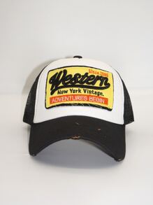 1入組中性棒球帽，帶刺繡字母貼片和網狀設計，弧形帽簷，適合休閒裝、街頭裝、卡車司機、騎自行車、釣魚、登山和防曬等戶外活動