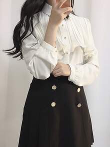 Áo sơ mi nữ Xù Nút phía trước màu trơn Giải trí - trắng - Xem 3