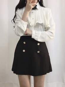 Áo sơ mi nữ Xù Nút phía trước màu trơn Giải trí - trắng - Xem 4