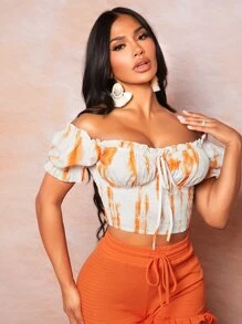 SHEIN SXY 紮染一字肩前打結胸部褶皺褶邊短款襯衫 - 彩色 - 查看 1