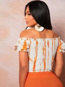 SHEIN SXY 紮染一字肩前打結胸部褶皺褶邊短款襯衫 - 彩色 - 查看 2