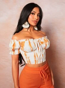 SHEIN SXY 紮染一字肩前打結胸部褶皺褶邊短款襯衫 - 彩色 - 查看 3