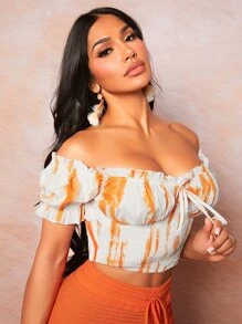 SHEIN SXY 紮染一字肩前打結胸部褶皺褶邊短款襯衫 - 彩色 - 查看 5