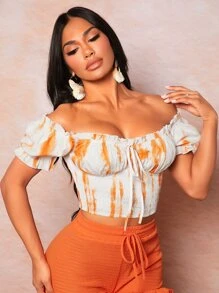 SHEIN SXY 紮染一字肩前打結胸部褶皺褶邊短款襯衫 - 彩色 - 查看 6