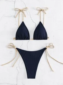 SHEIN Swim Summer Beach Solid Triangle Tie Side Bikini Set - Navy Blue - View 1