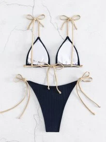 SHEIN Swim Summer Beach Solid Triangle Tie Side Bikini Set - Navy Blue - View 2
