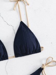 SHEIN Swim Summer Beach Solid Triangle Tie Side Bikini Set - Navy Blue - View 6