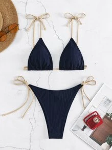 SHEIN Swim Summer Beach Solid Triangle Tie Side Bikini Set - Navy Blue - View 7