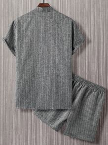 Manfinity Homme Men Striped Shirt & Drawstring Waist Shorts Without Tee - Grey - View 2