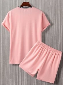 Manfinity Homme 男士字母圖案T恤和腰部抽繩短褲 - 粉色 - 查看 2