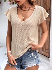 SHEIN VCAY Camiseta tejido waffle de manga mariposa - Albaricoque - Ver 3