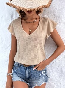 SHEIN VCAY Camiseta tejido waffle de manga mariposa - Albaricoque - Ver 5