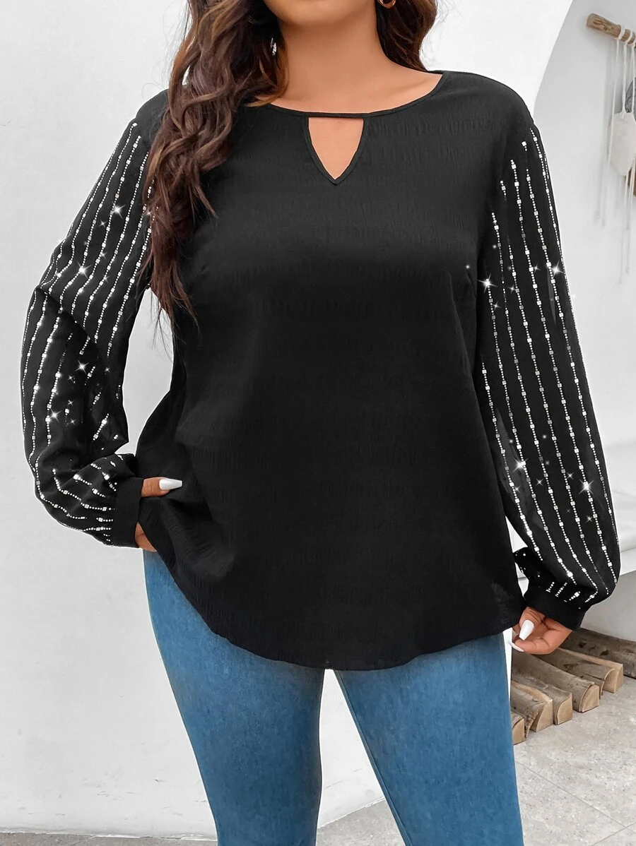 SHEIN Clasi 大碼水鑽細節鎖眼領襯衫 - 黑色 - 查看 1