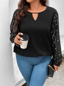 SHEIN Clasi 大碼水鑽細節鎖眼領襯衫 - 黑色 - 查看 4