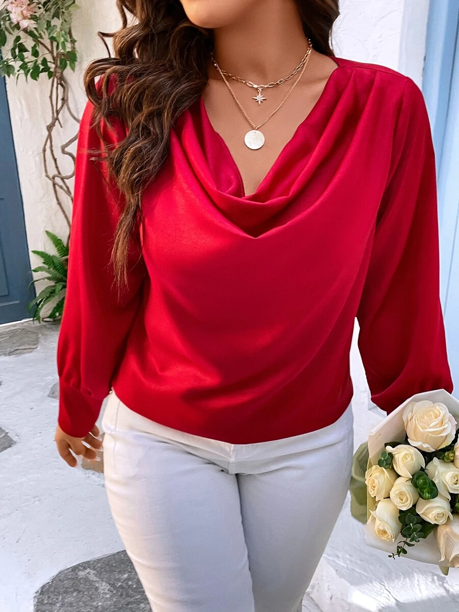 SHEIN LUNE Áo sơ mi Plus Size Vắt màu trơn Thanh lịch - Đỏ - Xem 1