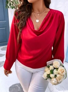 SHEIN LUNE Áo sơ mi Plus Size Vắt màu trơn Thanh lịch - Đỏ - Xem 3