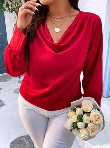 SHEIN LUNE Áo sơ mi Plus Size Vắt màu trơn Thanh lịch - Đỏ - Xem 4
