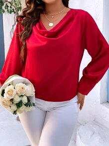 SHEIN LUNE Áo sơ mi Plus Size Vắt màu trơn Thanh lịch - Đỏ - Xem 5