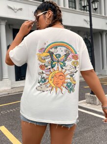Flirla 大碼太陽和蝴蝶圖案落肩T恤 - 白色 - 查看 1