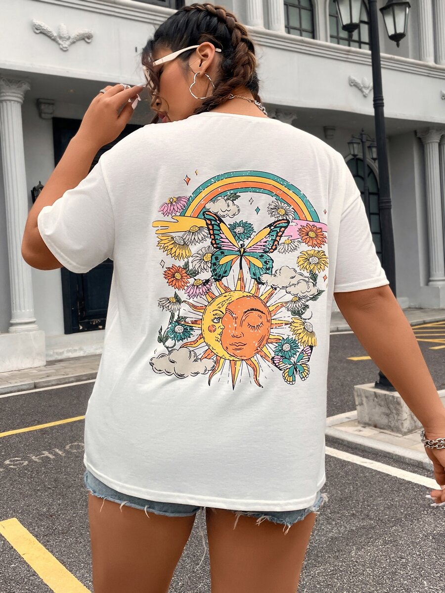 Flirla 大碼太陽和蝴蝶圖案落肩T恤 - 白色 - 查看 1