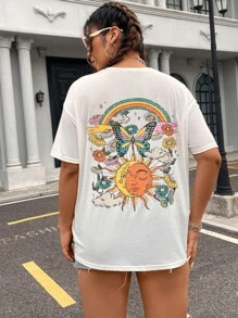 Flirla 大碼太陽和蝴蝶圖案落肩T恤 - 白色 - 查看 4