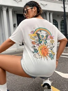 Flirla 大碼太陽和蝴蝶圖案落肩T恤 - 白色 - 查看 6