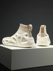 Men Slip On Skate Shoes Knit Sneakers Simple Beige - Beige - View 3