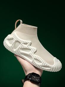 Men Slip On Skate Shoes Knit Sneakers Simple Beige - Beige - View 4