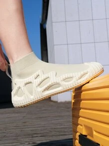 Men Slip On Skate Shoes Knit Sneakers Simple Beige - Beige - View 5