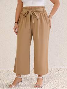 SHEIN LUNE Plus Paperbag Waist Belted Wide Leg Trousers - Khaki - View 1