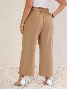 SHEIN LUNE Plus Paperbag Waist Belted Wide Leg Trousers - Khaki - View 2