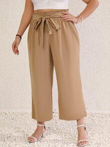 SHEIN LUNE Plus Paperbag Waist Belted Wide Leg Trousers - Khaki - View 3