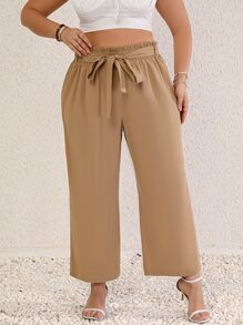 SHEIN LUNE Plus Paperbag Waist Belted Wide Leg Trousers - Khaki - View 4