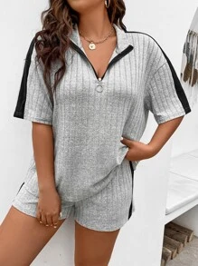 SHEIN LUNE 大碼拼接側邊接縫落肩袖半拉鏈T恤和運動短褲 - 灰色 - 查看 1