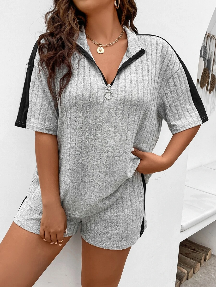 SHEIN LUNE 大碼拼接側邊接縫落肩袖半拉鏈T恤和運動短褲 - 灰色 - 查看 1