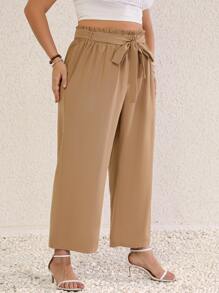 SHEIN LUNE Plus Paperbag Waist Belted Wide Leg Trousers - Khaki - View 6