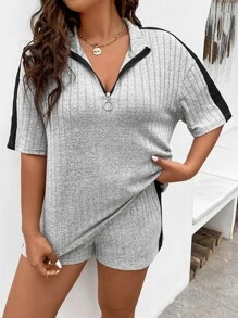 SHEIN LUNE 大碼拼接側邊接縫落肩袖半拉鏈T恤和運動短褲 - 灰色 - 查看 4