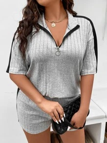 SHEIN LUNE 大碼拼接側邊接縫落肩袖半拉鏈T恤和運動短褲 - 灰色 - 查看 5