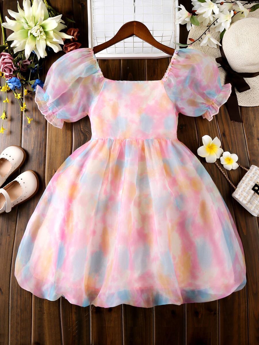 中小孩女生桔梗染泡泡袖歐根紗連衣裙