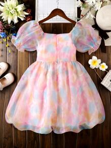 中小孩女生桔梗染泡泡袖歐根紗連衣裙