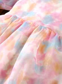 中小孩女生桔梗染泡泡袖歐根紗連衣裙