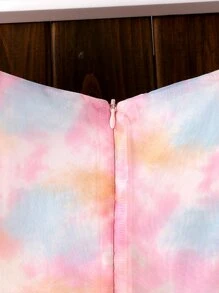 中小孩女生桔梗染泡泡袖歐根紗連衣裙