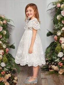 Young Girl 1pc Scallop Trim Embroidery Mesh Overlay Dress - White - View 2