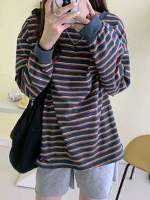 Pullover de rayas de hombros caídos - Azul Marino - Ver 1