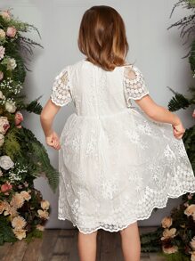 Young Girl 1pc Scallop Trim Embroidery Mesh Overlay Dress - White - View 7