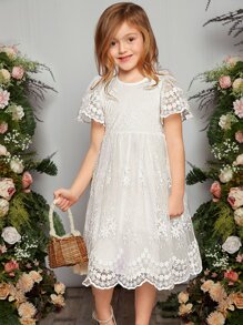 Young Girl 1pc Scallop Trim Embroidery Mesh Overlay Dress - White - View 6