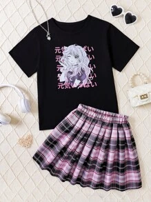 SHEIN Tween Girl Japanese Letter & Figure Graphic Tee & Plaid Skirt