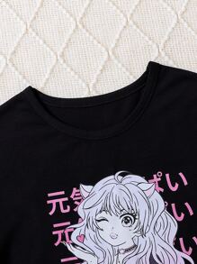SHEIN Tween Girl Japanese Letter & Figure Graphic Tee & Plaid Skirt