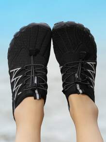 Women Striped Pattern Creek shoes Drawstring Front Sporty Water Shoes - Black - View 3
